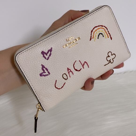 New Coach Medium Id Zip Wallet With Diary Embroidery/White/Leather - Picture 2 of 7